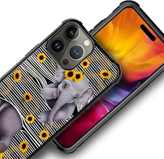 for iPhone 16 Pro Max Case, Cute Little Elephant Sunflower White Line Art Pattern Graphic Design Girl Boy Soft Silicone Hard Acrylic Shock Protection for iPhone 16 Pro Max