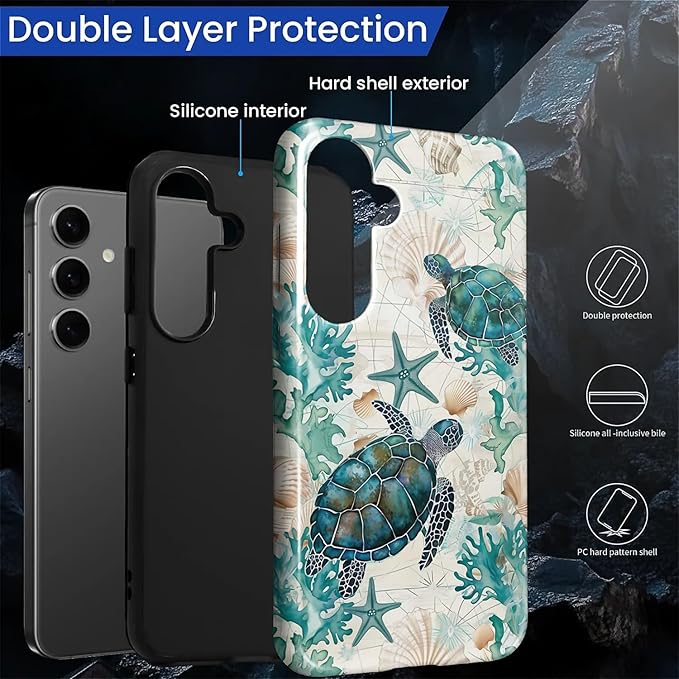 for Samsung Galaxy S24 Case,HL2 Ocean Sea Turtle Nautical Map Hybrid 2 Layer Hard Shell Silicone Protective Pattern Design Case