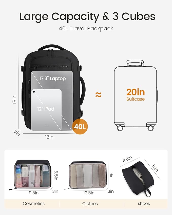 LOVEVOOK 40L Travel Backpack for Women & Men, TSA Approved Carry On Backpack with 3 Packing Cubes, Waterproof Personal Item Bag Fits 17" Laptop, Weekender Essentials Overnight Backpack for Trip