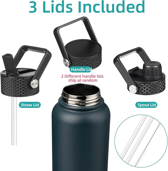 Konokyo 32 oz Insulated Water Bottle Stainless Steel Sport Bottles with 3 Lids,Navy Blue