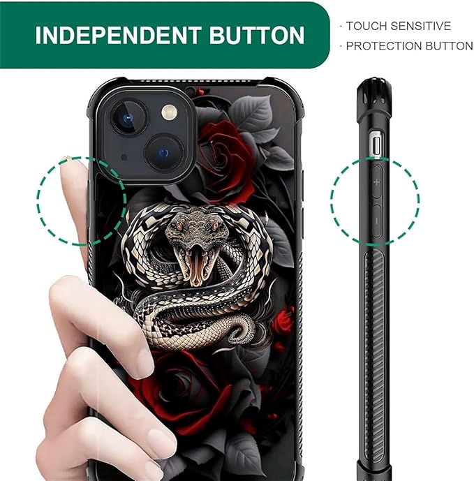 for iPhone 15 Case, Entwined Rose Snake Pattern Graphic Design Girl Boy Soft Silicone Hard Acrylic Shock Protection for iPhone 15