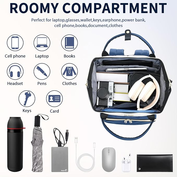 VANKEAN 17 Inch Laptop Backpack for Women Fashion Computer Work Bag, Large Capacity Waterproof Backpack, College Daypack Business Travel, Beige-Haze blue