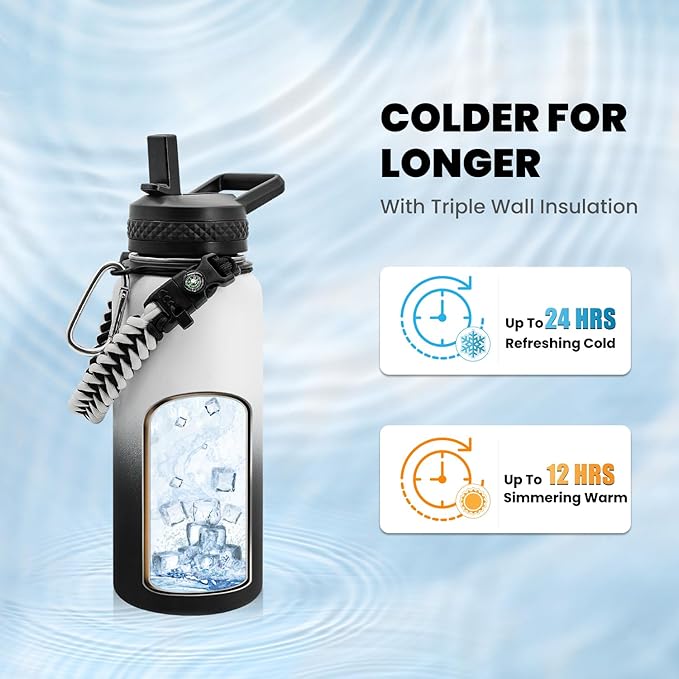 RAYMYLO Insulated Water Bottle 32 oz, Triple Wall Vacuum Stainless Steel (Cold for 24Hrs, Hot for 12Hrs), Leak Proof & Non-BPA, Modern Water Flask Jug with Paracord Handle & Straw Spout Lids