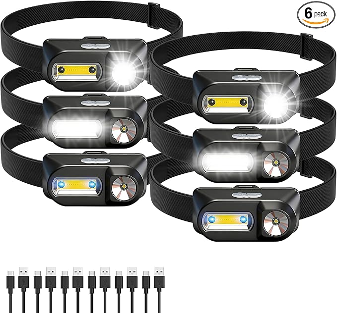 Bud K 6Pack Headlamp Rechargeable, 3000 Lumen Headlamps for Adults, 90 Angles Adjustable XPE Headlamp & COB Spotlight, Motion Sensor, 9 Modes, Lightweight Head Lamps for Camping Running Cycling