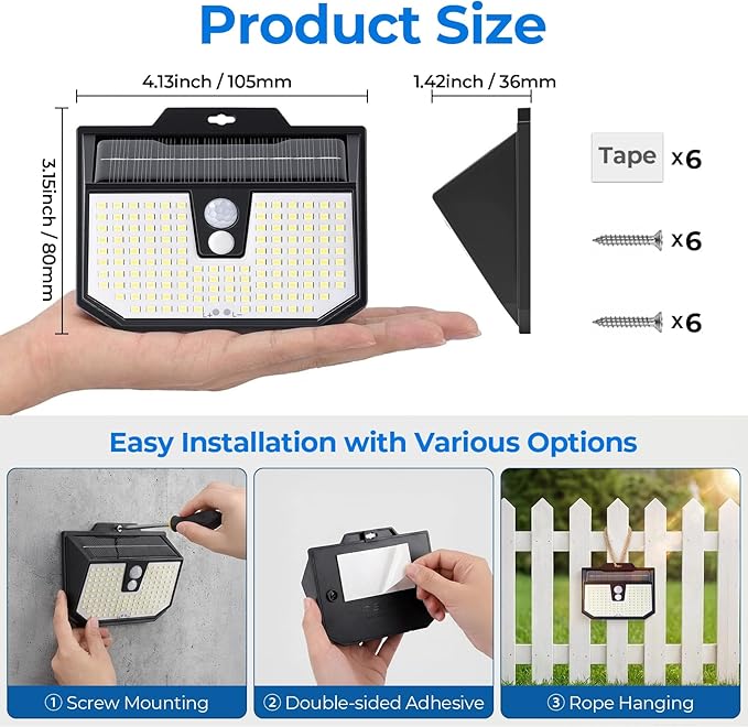 Brightever 2-Pack Solar Motion Sensor Outdoor Lights, IP65 Waterproof Solar Powered Fence Lights with 3 Lighting Modes, Solar Security Wall Lights for Outside, House, Walking Dog, Step, Deck, Garage