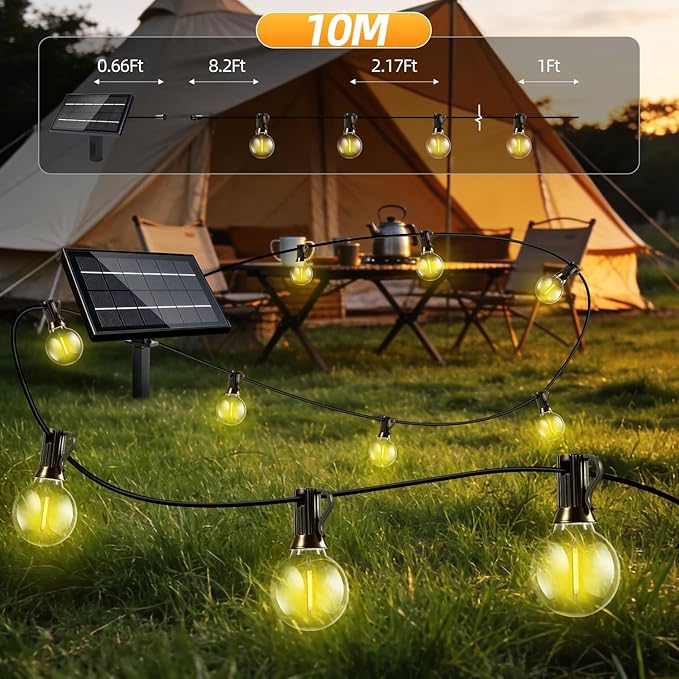 33FT Solar Lights Outdoor Waterproof: G40 10M Shatterproof Bulbs Patio Lights - Solar Powered Remote Control 3 Light Modes Dimmable Solar Light - Camping Backyard Garden Deck Outside Yard