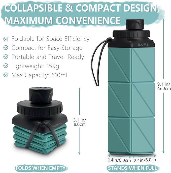 BEAUTAIL Collapsible Water Bottles, Silicone Foldable Water Bottle 610ml, BPA-Free Portable Reusable Leakproof Bottle for Gym Travel Camping Hiking Sports Outdoor, 1 Pack (Blue)
