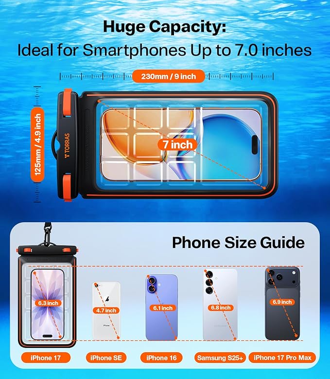 TORRAS IPX8 Waterproof Phone Pouch Floating, Underwater Screen Touchable, Water Proof Case with Lanyard for iPhone 17 Pro Max 16 S26, Cellphone Dry Bag Cruise Essentials 7.0 inch, Glacier Sprint