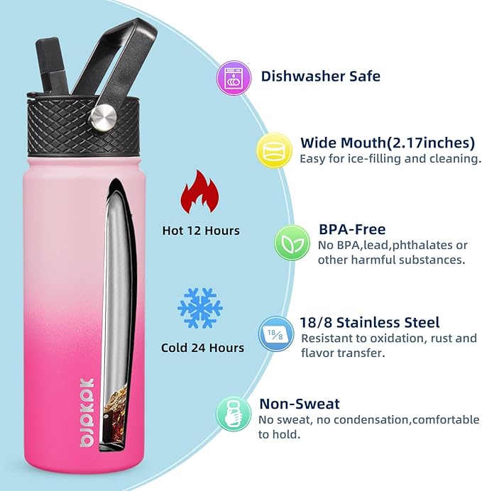 BJPKPK 2 Pack Insulated Water Bottles with Straw Lids, 22oz Stainless Steel Metal Water Bottle with 6 Lids, Leak Proof BPA Free Jugs, Cups, Flasks for Travel, Sports (Cherry+Black)