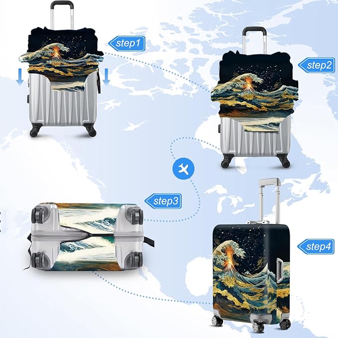 ANNA QUEEN Ocean Waves Travel Luggage Cover -Stretchable Airplane Suitcase Protector Sleeve,Universal Washable Fit for 20-26 Inch Checked Baggage,Water Resistant Durable Luggage Protector,M