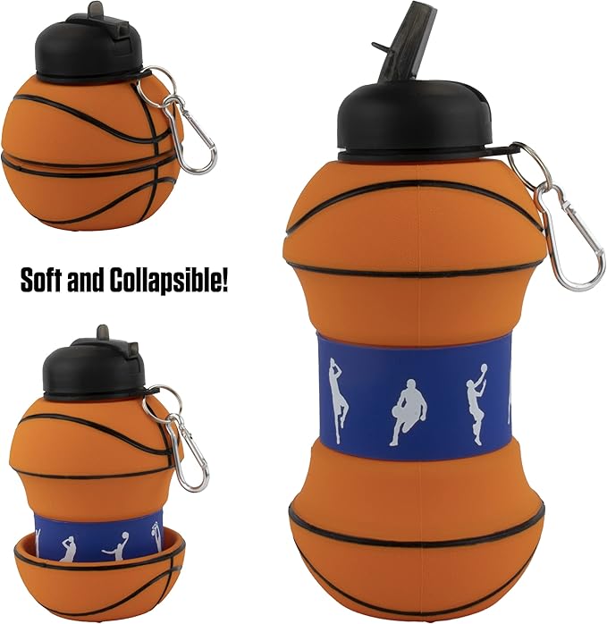 Maccabi Art Clip-On Collapsible 1 Liter, 34 oz. size BPA-Free Silicone Basketball Large Water Bottle for Kids