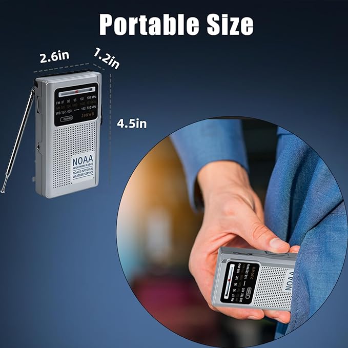 NOAA Weather Radio Portable Radio, Best Reception, AM FM Transistor Radio for Mowing, Jogging, Cycling, Gardening, Powered by 2 AA Battery