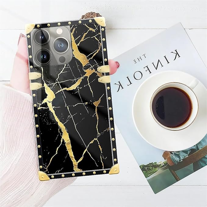Compatible with iPhone 14 Pro Max Case, Black Gold Marble Nature Luxury Golden Decoration for Girl Women Soft TPU Shockproof Protective Hard PC Back for iPhone 14 Pro Max