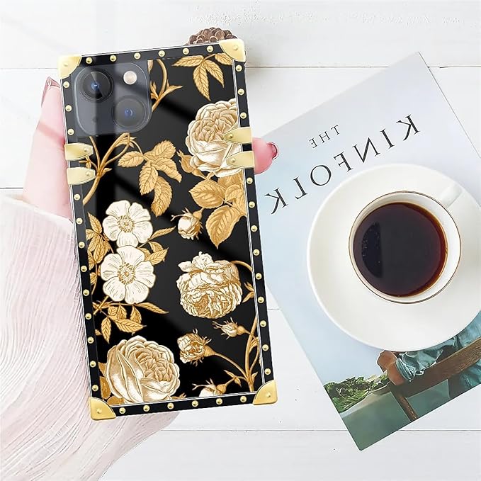 Compatible with iPhone 13 Case, Blooming Rose Golden Flower Luxury Golden Decoration for Girl Women Soft TPU Shockproof Protective Hard PC Back for iPhone 13