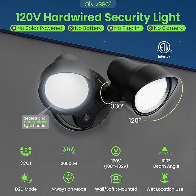 ALUSSO Dusk to Dawn Outdoor Lighting, 25W 2000LM Dusk Till Dawn Outdoor Light 120V, 3000K/4000K/6000K 3CCT IP65 Security Lights ETL Listed Dusk to Dawn Hardwired for House Yard Walkway Black 1 Pack