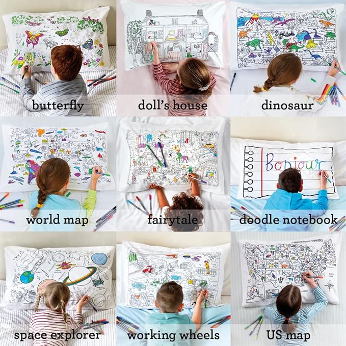 Coloring Pillowcase for Kids – Reusable DIY Pillow Cover with Washable Markers, Educational Arts & Crafts Activity for Boys & Girls, Fun Gift for Creative Play, Machine Washable - eatsleepdoodle