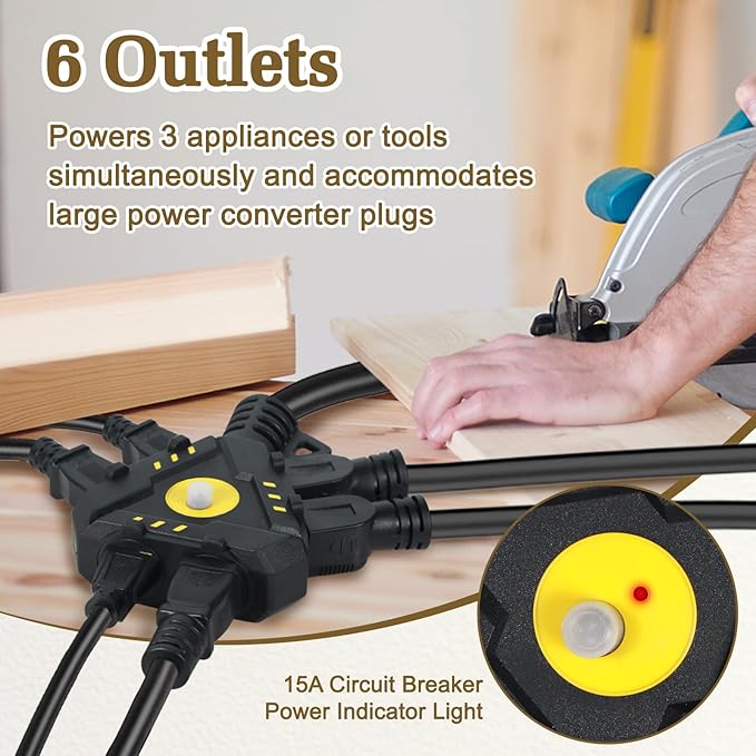 6FT 14 Gauge Outdoor Extension Cord 6-Outlet 14/3 SJTW Heavy Duty Extension Cord with Multiple Outlets Waterproof 3 Prong for Garage Workshop 15A 125V 1875W ETL Listed