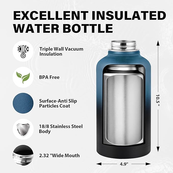 Insulated Water Bottle 64 oz, Triple Wall Vacuum Stainless Steel Water Bottles (Cold for 48 Hrs), Leak Proof & Non-BPA, Half Gallon Water Flask Jug Wide Mouth Straw Lid & Spout Lid