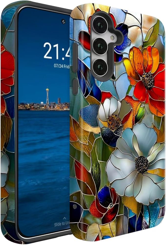 Compatible for Samsung Galaxy A16 5G Case, Dual Layer Heavy Duty 2 in 1 Shockproof Protective Phone Case,Stained Glass Blooming Flowers