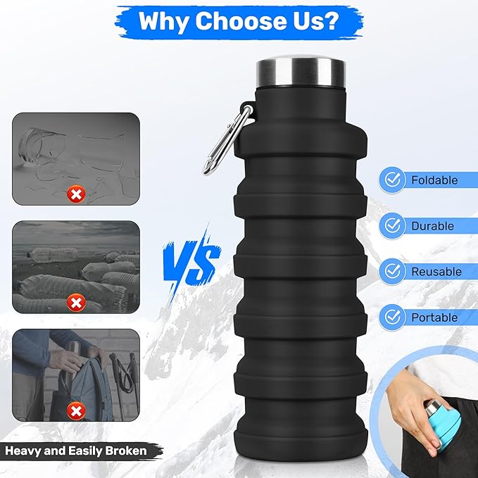 Collapsible Water Bottle, 16oz Portable Reusable Silicone Water Bottle, BPA-Free Leak-Proof Foldable Design with Carabiner, Lightweight Durable for Gym, Travel, Camping, Hiking, Sports, Light Pink