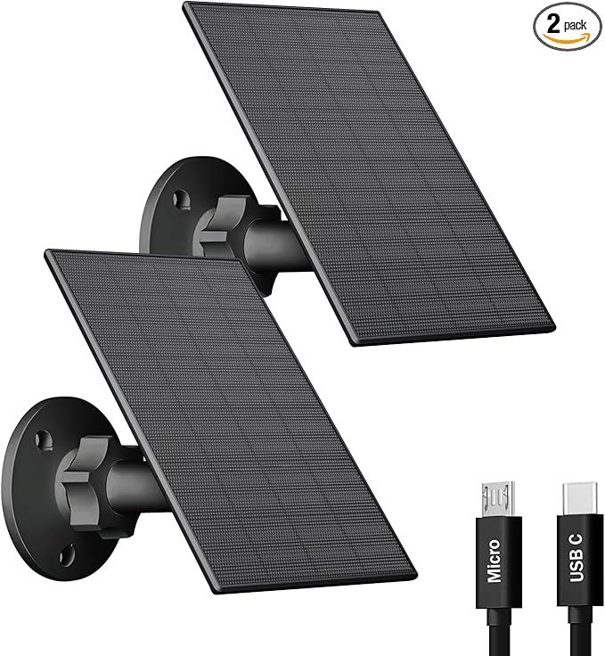 2W Solar Panel for Security Camera Outdoor, USB/USB-C Charger with IP65 Waterproof, 360° Adjustable Mount & 7.2ft Cable, Compatible with Rechargeable Battery Cameras (2 Pack, Black)