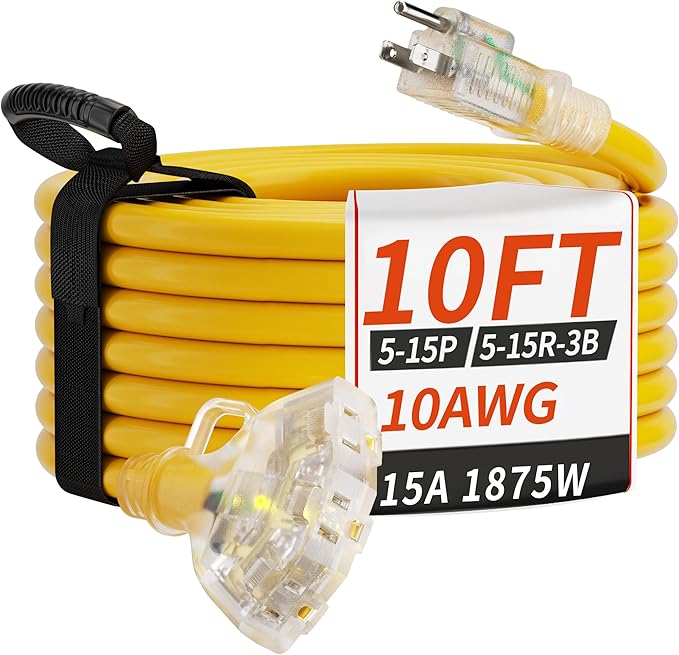 PlugSaf 10 FT 10 Gauge Outdoor Extension Cord with Multiple Outlets Light Indicator, Flexible 3 Outlet Weatherproof Heavy Duty Extension Cord Waterproof Yellow, 15A 1875W 10AWG SJTW, ETL Listed