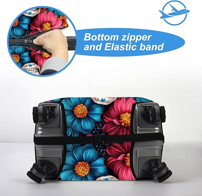 Luggage Cover Protector for 30-32 Inch Suitcases, TSA Approved Elastic Travel Suitcase Covers, Anti-Scratch Washable Luggage Sleeve for Carry On & Checked Bags, Sugar Skulls