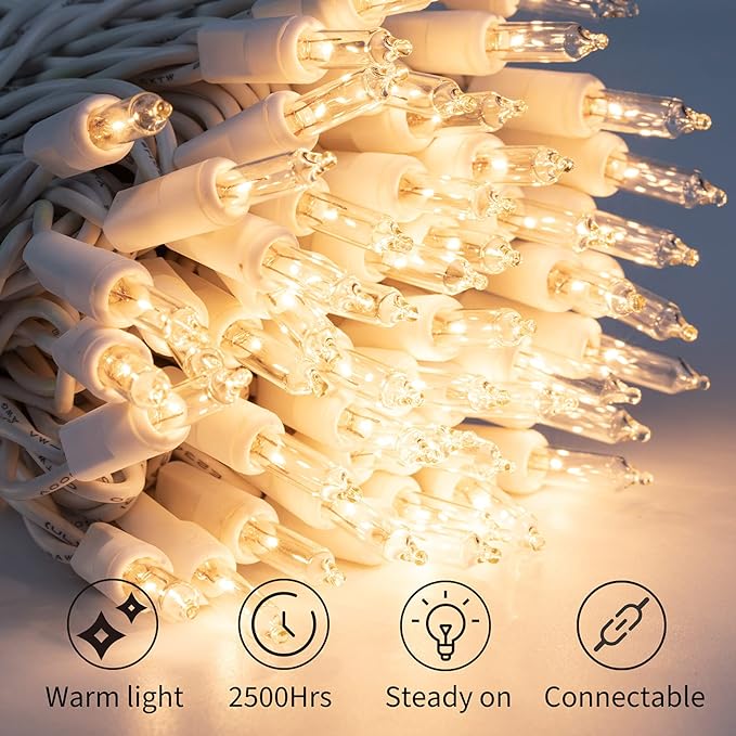 Brightown 50 Count Warm White Christmas Lights, Clear Mini Incandescent Lights on White Wire, Christmas Tree String Lights for Indoor Outdoor Decorations（10ft）
