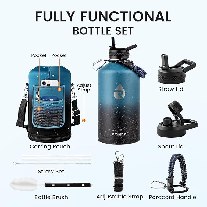 RAYMYLO 128oz Insulated Water Bottle, Triple Wall Vacuum Stainless Steel Water Bottles - Keeps Cold 48H, Reusable One Gallon Jug for Gym, Sports, Camping, Hiking,Travel, Starry Sky-Indigo/Black
