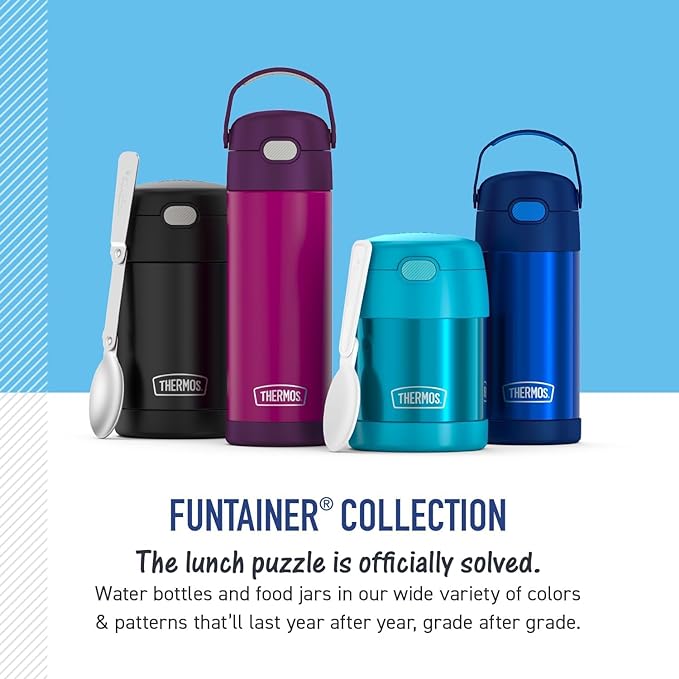 THERMOS FUNTAINER 16 Ounce Stainless Steel Vacuum Insulated Bottle with Wide Spout Lid, Blue Bows