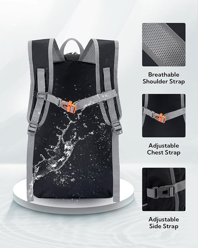WATERFLY Hiking Packable Daypack Backpack: 25L Ultra Lightweight Day Pack for Woman Man - Small Compact Folding Back Pack for Outdoor Sport Cycling Camping Travel Trip - Black