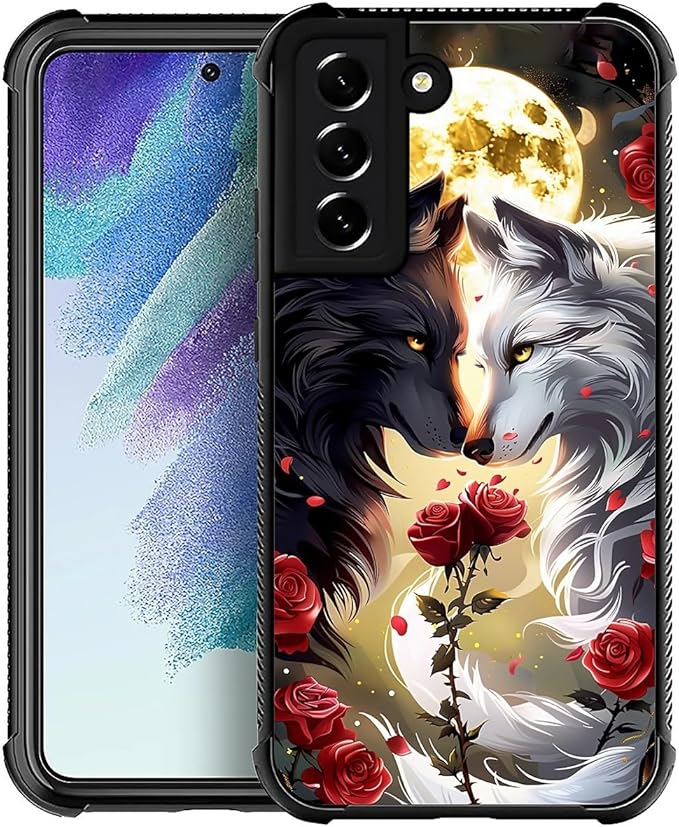 for Samsung Galaxy S21 FE Case, Black White Wolf Moon Flower Rose Pattern Graphic Design Girl Boy Soft Silicone Hard Acrylic Shock Protection for Samsung Galaxy S21 FE