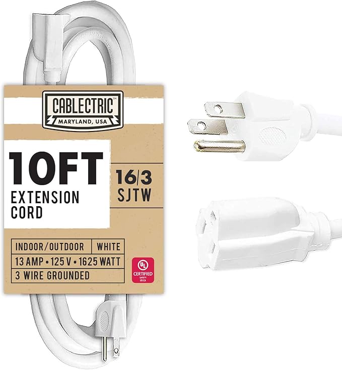 16/3 White Outdoor Extension Cord 10 Foot - 13 Amp Electrical Cable 3 Prong for Indoor & Outdoor, 16 AWG Weatherproof Power Cord for Outside 10 ft, Proudly American Brand