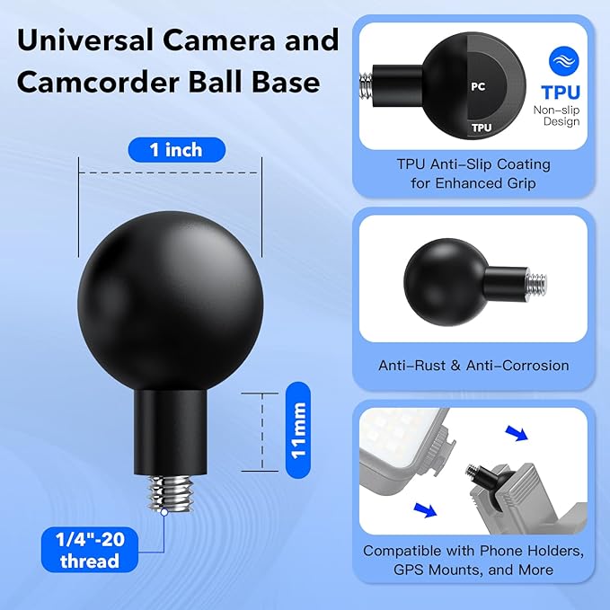 1-Inch B Size Ball to 1/4"-20 Screw Adapter – Camera Mount Converter, Fits Standard 1" Ball Bases, Connects Dash Cams, Action Cameras & Photography Accessories