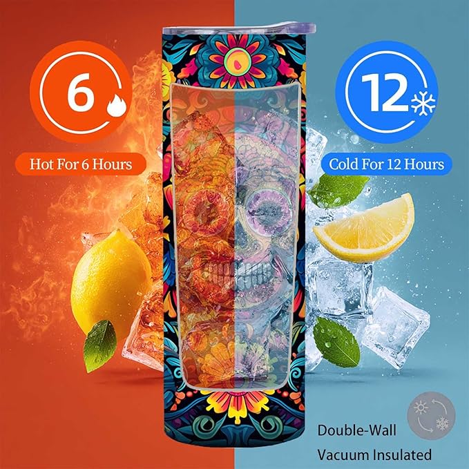 Firmiso 20 oz Tumbler｜Skinny Insulated Travel Mug｜Sugar Skull Floral Stainless Steel Cup with Leak Proof Lid and Telescopic Straw｜Colorful Gothic Boho Drinkware｜Gift Idea for Women Men