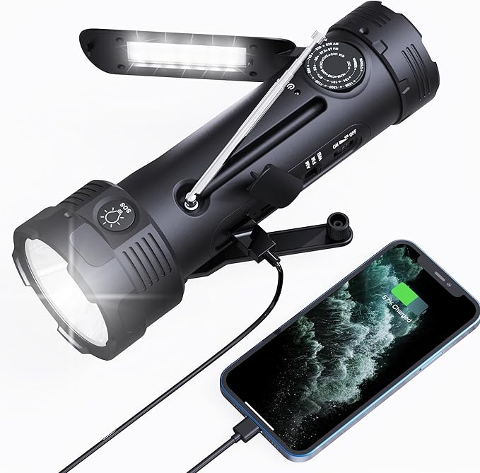 PPLEE Emergency Weather Radio NOAA Certified, Hand Crank Solar Flashlight Radio with Cell Phone Charger, Portable AM FM Battery Powered Radio, Reading Lamp, SOS Alarm for Hurricane Camping Survival