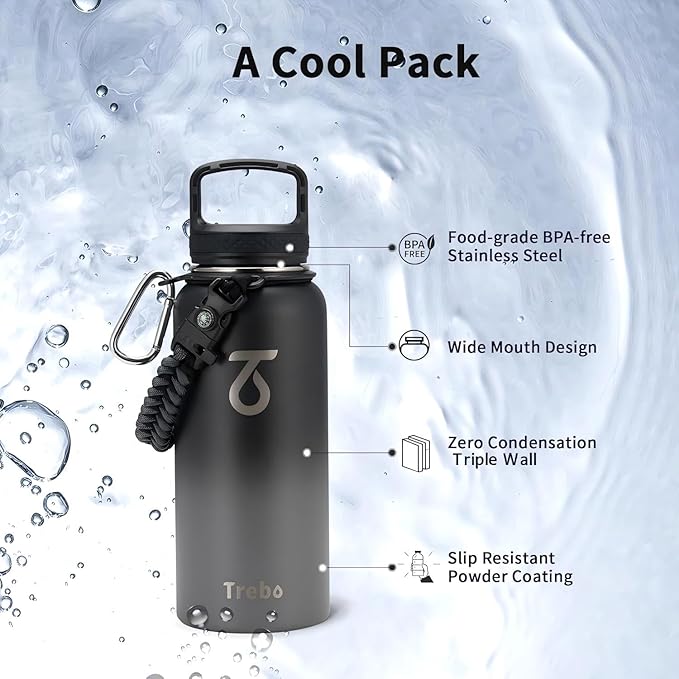 Trebo 32 oz Water Bottle Insulated with Paracord Handle and 3 Lids, Leakproof Stainless Steel Vacuum Water Jug Keep Cold 48 Hours, BPA-Free Gym Water Flask for Men Women Sports, Travel, Dark Gray