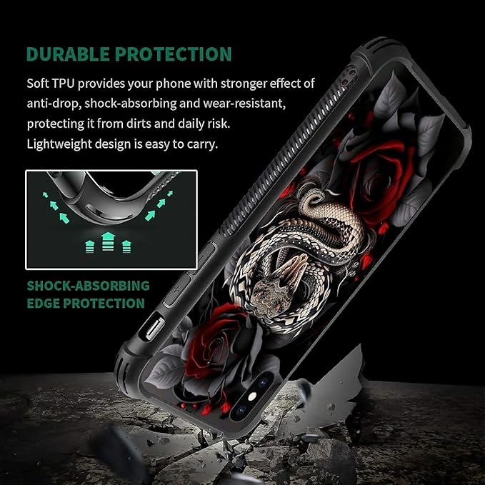 for iPhone X/Xs Case, Entwined Rose Snake Pattern Graphic Design Girl Boy Soft Silicone Hard Acrylic Shock Protection for iPhone X/Xs