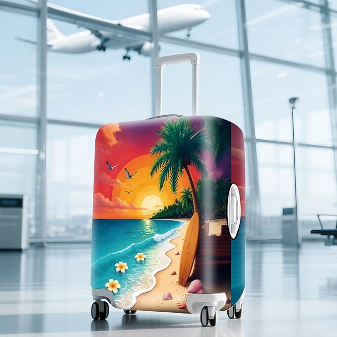 ANNA QUEEN Tropical Sunset Beach Luggage Cover,Stretchable Suitcase Protector Sleeve,Fit for 32-34 Inch Checked Baggage,Water Resistant & Durable Luggage Protector