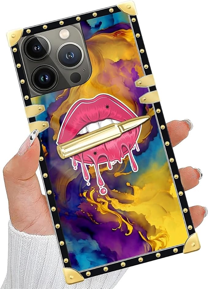 Compatible with iPhone 14 Pro Max Case, Cool Corlorful Lip Marble Luxury Golden Decoration for Girl Women Soft TPU Shockproof Protective Hard PC Back for iPhone 14 Pro Max