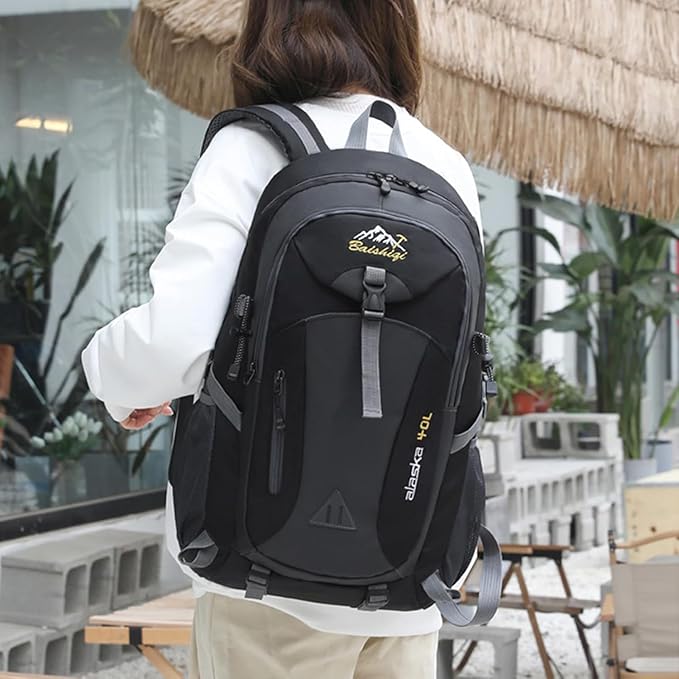 40L Hiking Backpack, Lightweight Daypack for Men Women, Polyester Rucksack, Breathable Backpack with Multi Pockets for Camping Walking Commuting Outdoor Short Trips - Black