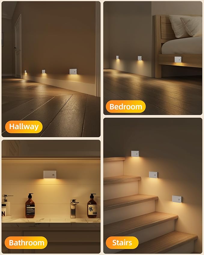 EZVALO Motion Sensor Stair Lights Indoor, Rechargeable Night Lights with Magnetic & Dimmable, Auto On/Off 3000K Soft White, Stick-On for Stairs, Hallway, Bathroom (8 Pack with Charging Station)