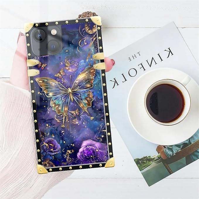 Compatible with iPhone 14 Case, Glistening Golden Butterfly Vibrant Purple Blue Luxury Golden Decoration for Girl Women Soft TPU Shockproof Protective Hard PC Back for iPhone 14