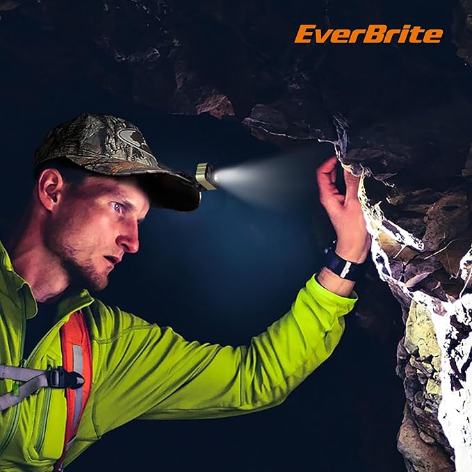 EverBrite 400LM Rechargeable Headlamp, 1.59 oz Lightweight & Comfortable Head Lamp with Hat Clip, IP67 Waterproof, White/Red/Green Light, 7 Modes for Running, Camping and Backpacking-Green