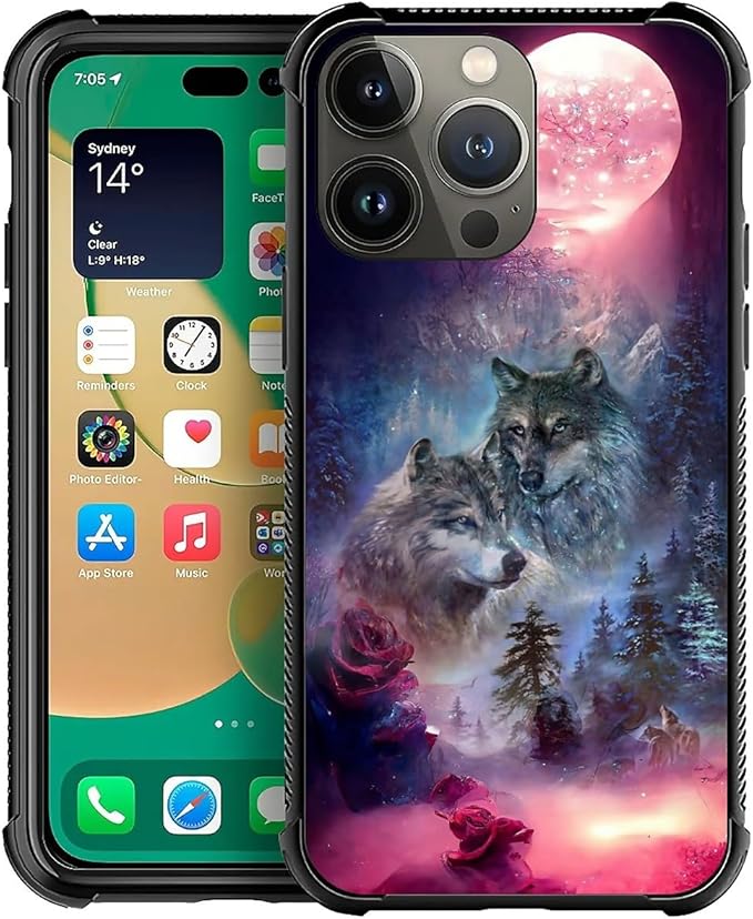 for iPhone 13 Pro Max Case, Star Two Wolfs Howling Pattern Graphic Design Girl Boy Soft Silicone Hard Acrylic Shock Protection for iPhone 13 Pro Max