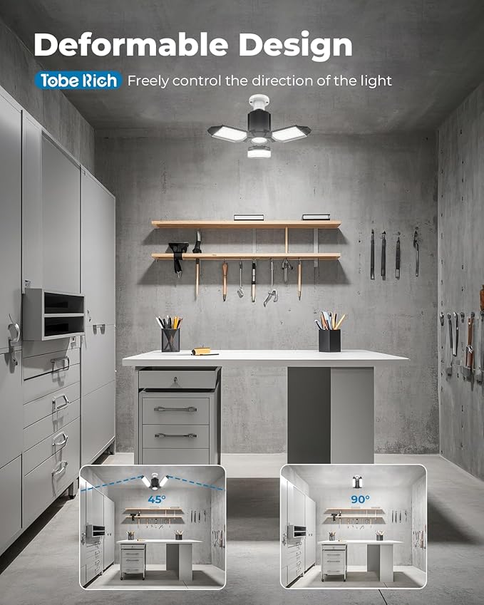 toberich LED Garage Light Bulbs 2 Pack, 8000LM Shop Lights with 3+1 Deformable Panels, 6500K Screw in Ceiling Lights Bay Lighting for Garage, Workshop, Workbench, Basement