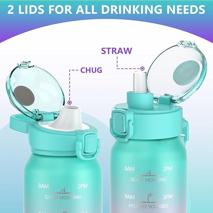 SLUXKE 24oz Insulated Water Bottle with Straw and Spout Lids, 700ml 18/10 Stainless Steel Double Wall Vacuum Sports Water Jug, Leakproof Hydro Cup Flask for Men, Women & Kids GREEN PINK PURPLE