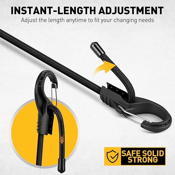 8-Piece 48-inch Adjustable Bungee Cords with Hooks, Heavy Duty Outdoor Carabiner Bungee Straps, Easily Adjust from 7" to 48", Black Super Elastic Cord for Cargo, Camping, Bike Racks, Tents