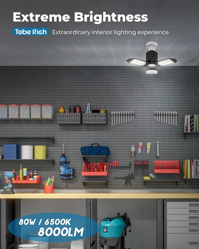 toberich LED Garage Light Bulbs 6 Pack, 8000LM Shop Lights with 3+1 Deformable Panels, 6500K Screw in Ceiling Lights for Garage, Workshop, Workbench, Basement