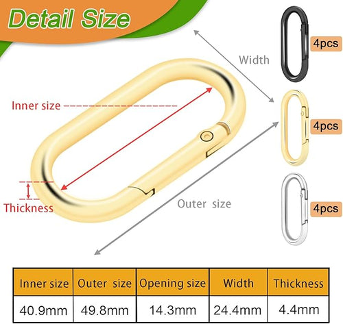 12Pack Oval Large Carabiner Clip, Metal Spring Snap Hooks Keyrings Clip for Paracord Keychain Lanyard, Car Key Rings, Pets Collar Buckles, Purse Keychain Replacement (Assorted)